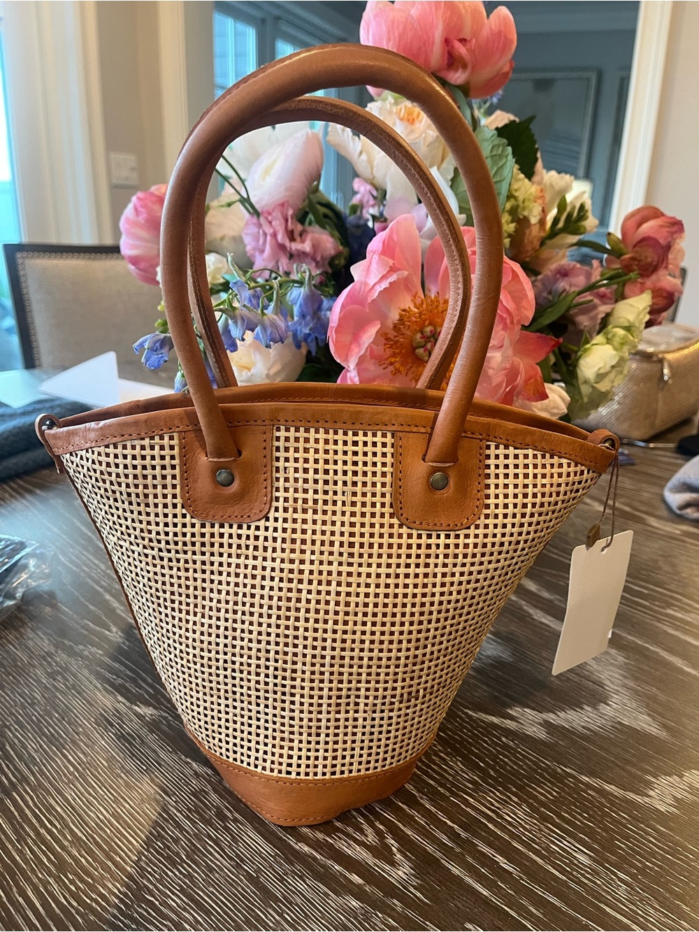 Woven Rattan Crossbody-Style Tote in Brown Trim